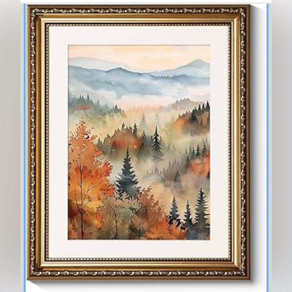 Vintage Gold Framed Art, 13x16” Classical Fall Forest Autumn landscape Painting